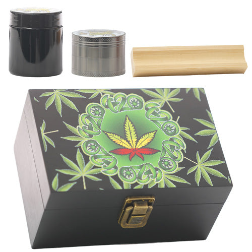 Unbranded Container & Jars Bamboo Medium Box with Grinder, Jar & Tray 420 Leaf
