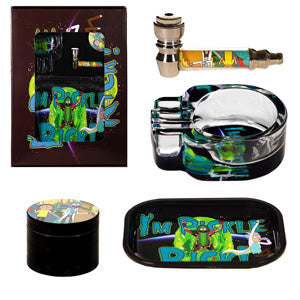 Unbranded Sets Tray Set Display With Metal Tray, Glass Ashtray Metal Pipe & 55 mm Grinder Pickle Rick
