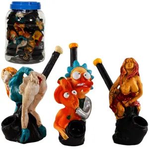 Wood Hand Pipe Character 7.5" - Design (15 Per Jar)
