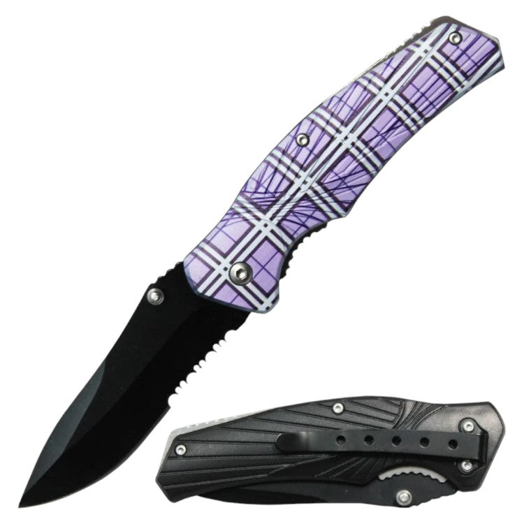 4.5" Handle Checker Design Normal Open Pocket Knife - Purple