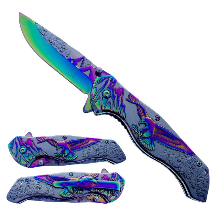 4.75" Titanium Eagle Mountain Range Assist-Open Pocket Knife Rainbow