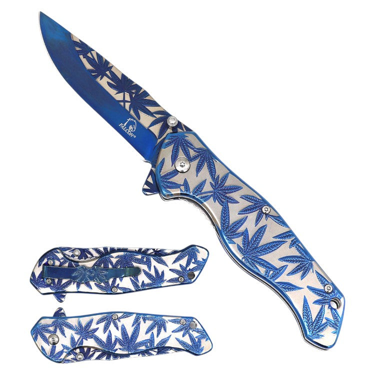 4.75" Titanium Marijuana Leaf Assist-Open Pocket Knife Blue