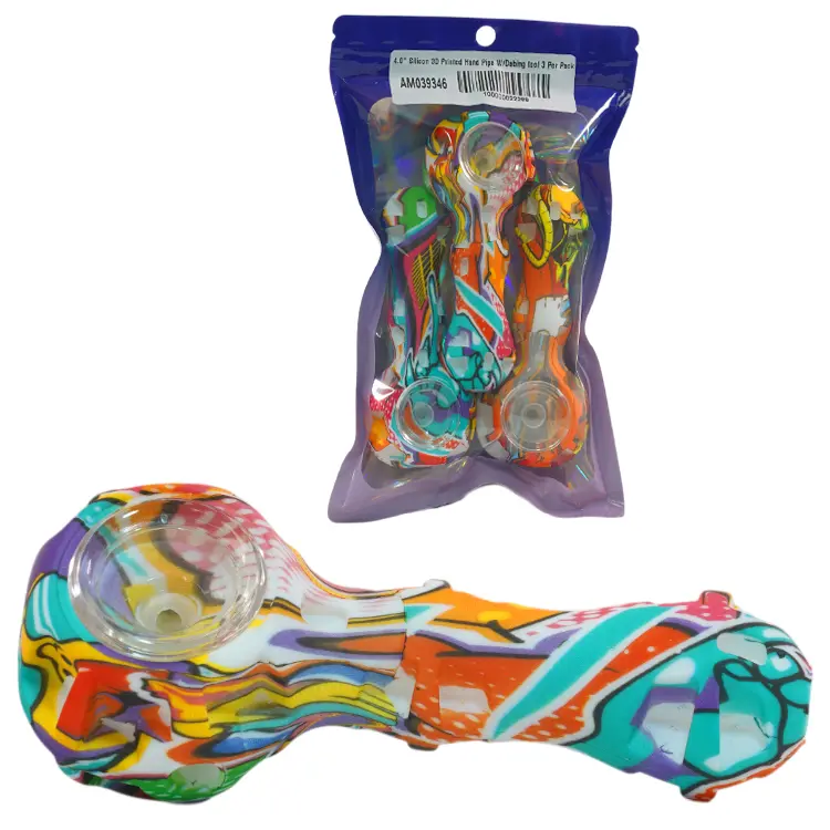 Unbranded Silicone Silicone Hand Pipe 3D Printed with Metal Dubbing Tool 4.0" (3 per pack)