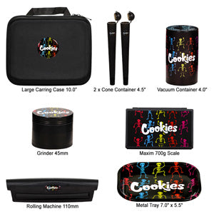 Travel Kit Case, Metal Tray, Grinder, Rolling Machine, Scale, Vacuum Container, 2x Cone Containers -Cookies