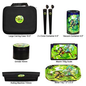 Travel Kit Case, Metal Tray, Grinder, Rolling Machine, Scale, Vacuum Container, 2x Cone Containers - Rick & Morty
