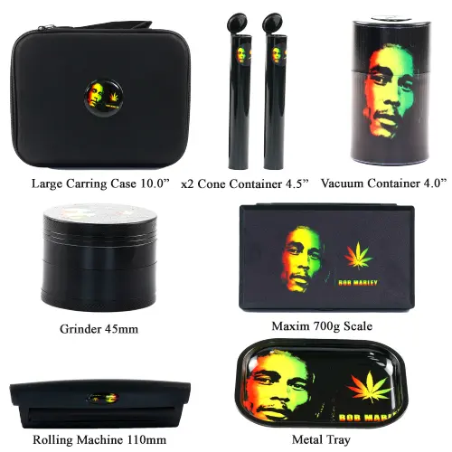 Travel Kit Case, Metal Tray, Grinder, Rolling Machine, Scale, Vacuum Container, 2x Cone Containers -Bob Marley