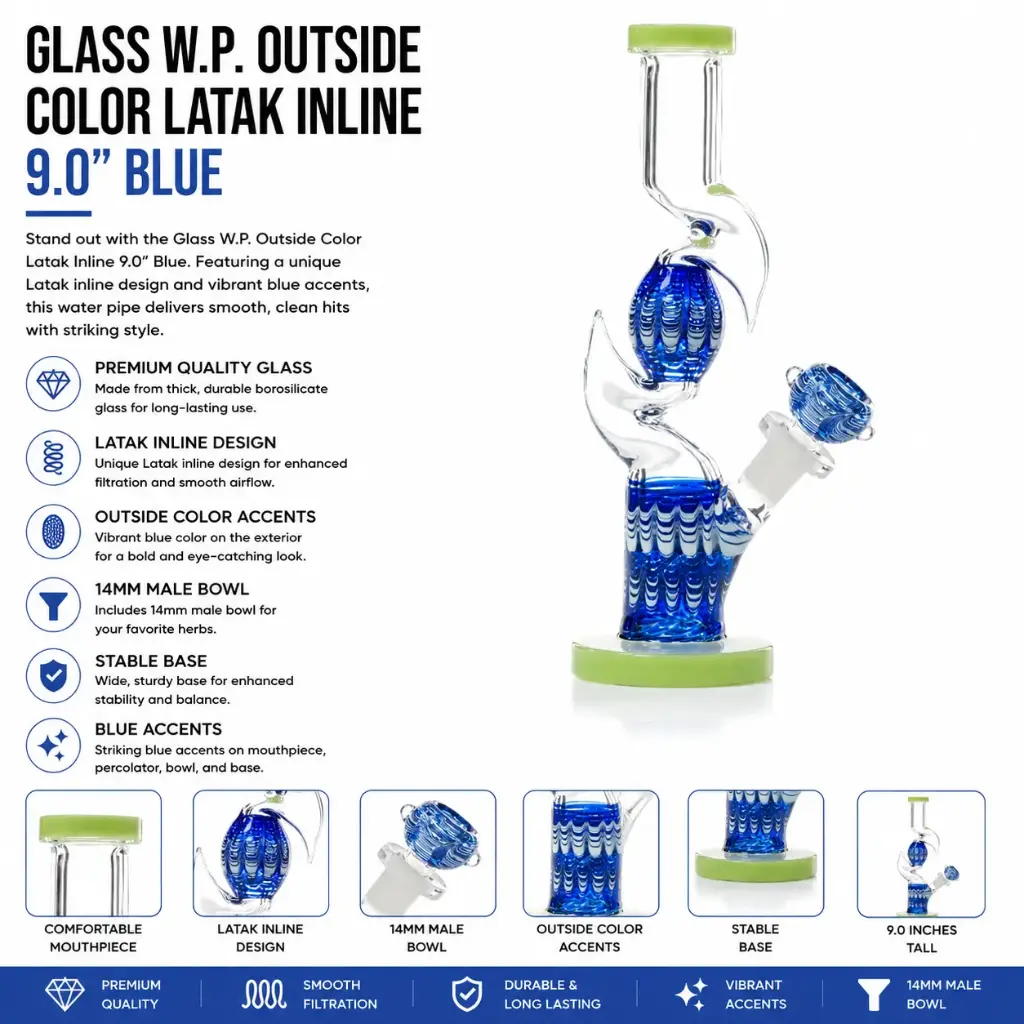 Unbranded Glass W.P. Outside Color Latak Inline 9.0" (19047)-Blue