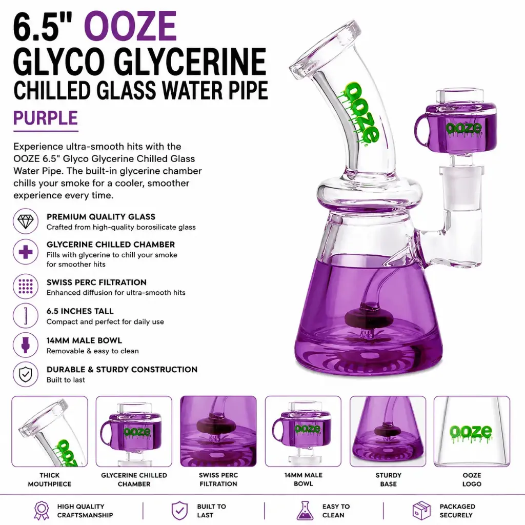 OOZE Glyco Glycerine Chilled Glass Water Pipe Purple 1ct