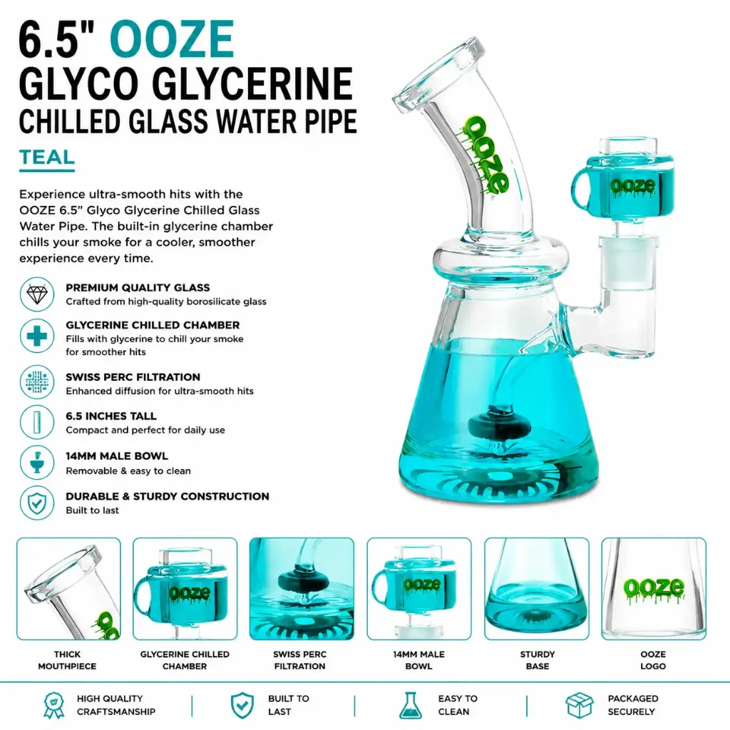 OOZE Glyco Glycerine Chilled Glass Water Pipe Teal 1ct