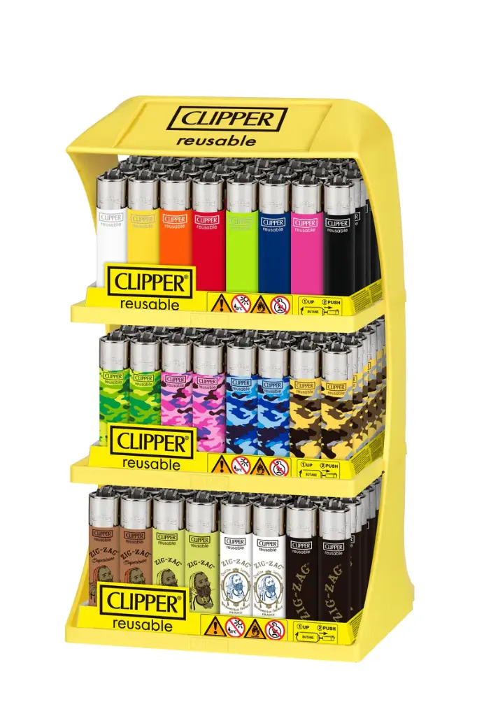 CLIPPER Classic Lighter 3-Tier Display (Solid, Camo, Zig Zag) 144ct