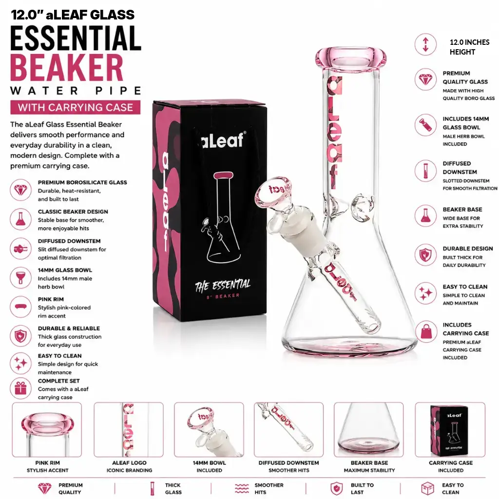 aLeaf Glass Essential Beaker w/Carrying Case (7146) 12.0" Pink