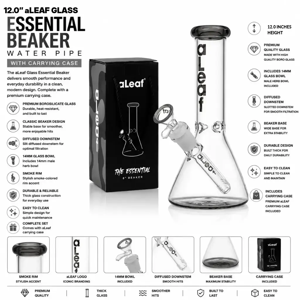 aLeaf Glass Essential Beaker w/Carrying Case (7146) 12.0" Smoke