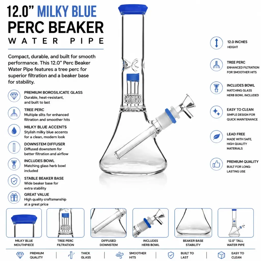 Unbranded Glass Perc Beaker 12.0"- Milky Blue