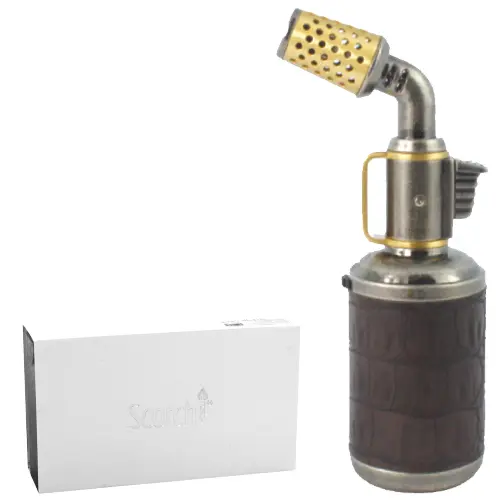 Scorch Torch Lighter Antique Blow Torch-Hold Button Satin With Gold Accents 6.0" (61676) Antique Silver