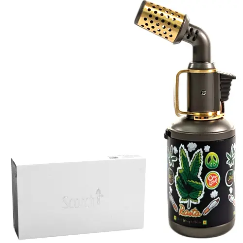 Scorch Torch Lighter Antique Blow Torch-Hold Button Satin With Gold Accents 6.0" (51676) Leaf
