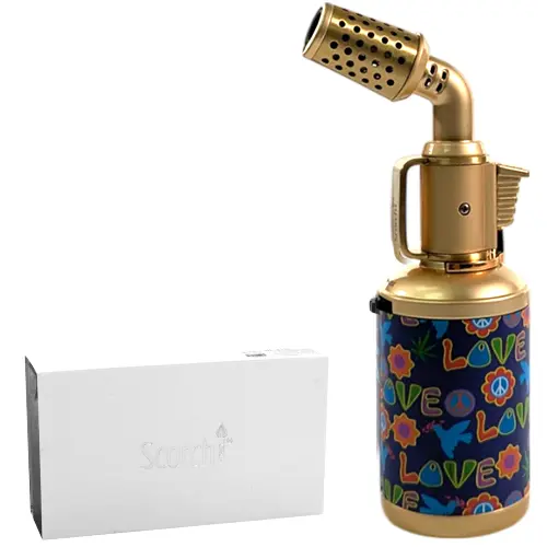 Scorch Torch Lighter Antique Blow Torch-Hold Button Satin With Gold Accents 6.0" (61676) Peace