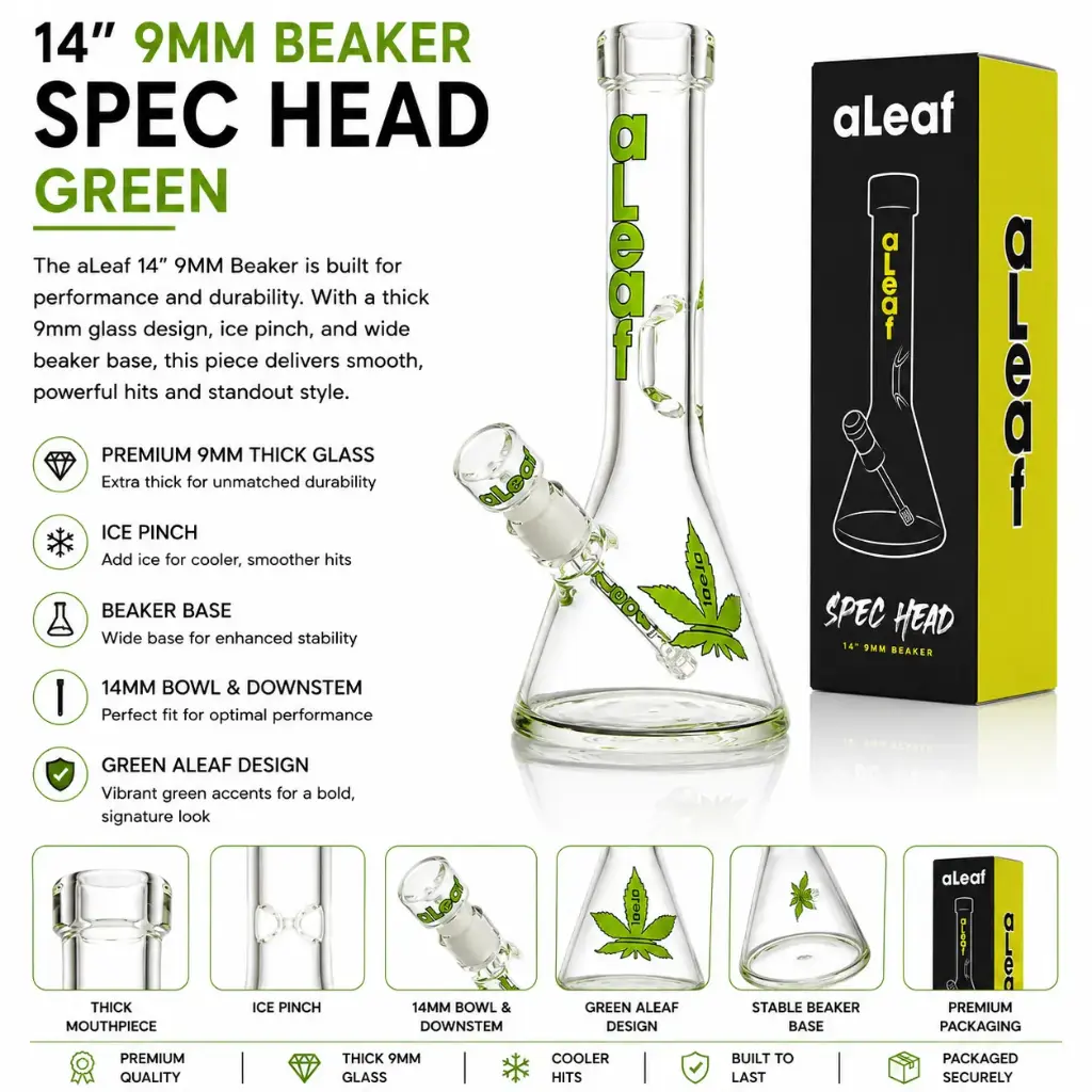 aLeaf Glass 14" 9MM BEAKER GREEN