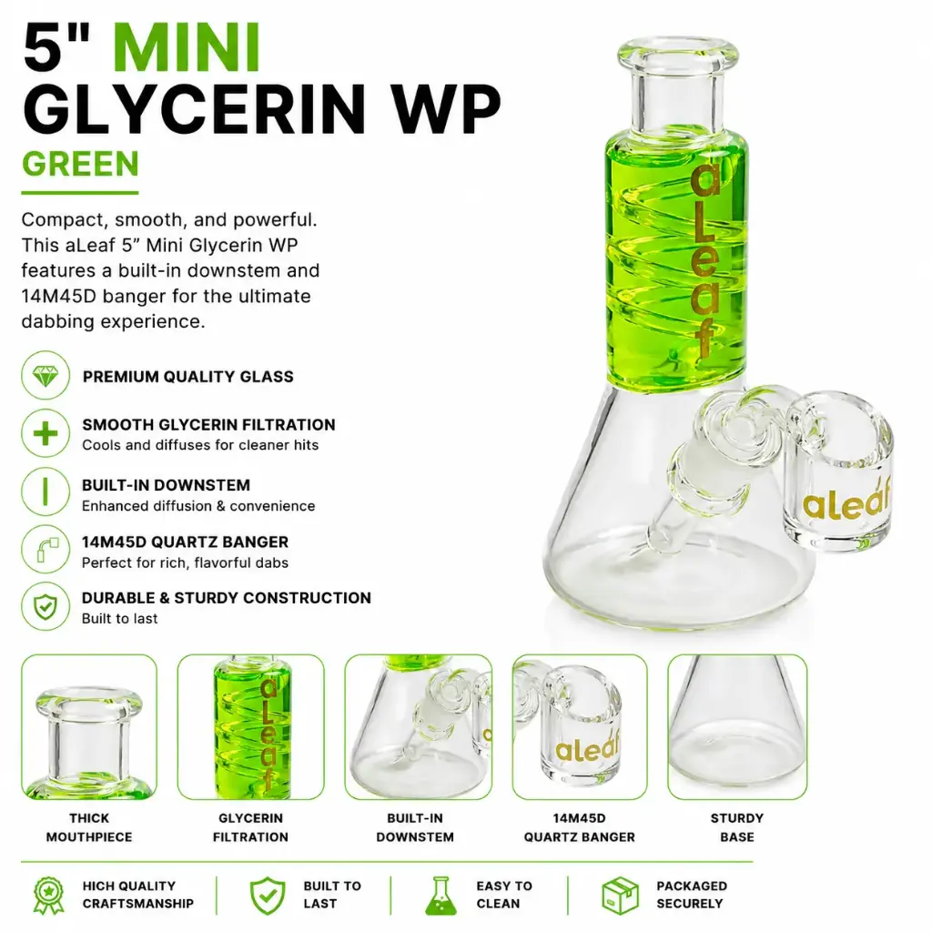 aLeaf Glass 5" MINI GLYCERIN WP W/ BUILT IN DOWNSTEM & 14M45D BANGER GREEN 