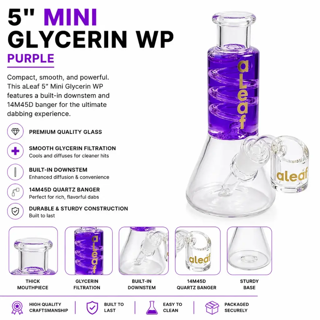 aLeaf Glass 5" MINI GLYCERIN WP W/ BUILT IN DOWNSTEM & 14M45D BANGER PURPLE 