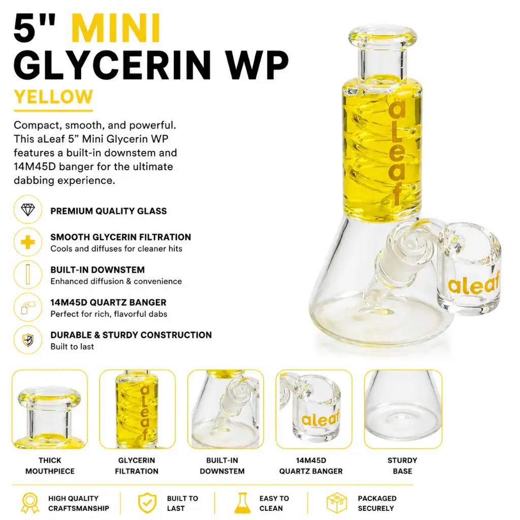 aLeaf Glass 5" MINI GLYCERIN WP W/ BUILT IN DOWNSTEM & 14M45D BANGER YELLOW 