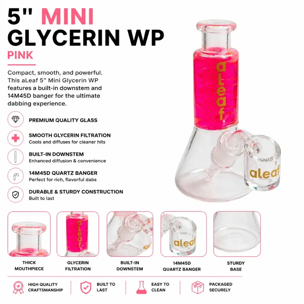 aLeaf Glass 5" MINI GLYCERIN WP W/ BUILT IN DOWNSTEM & 14M45D BANGER PINK
