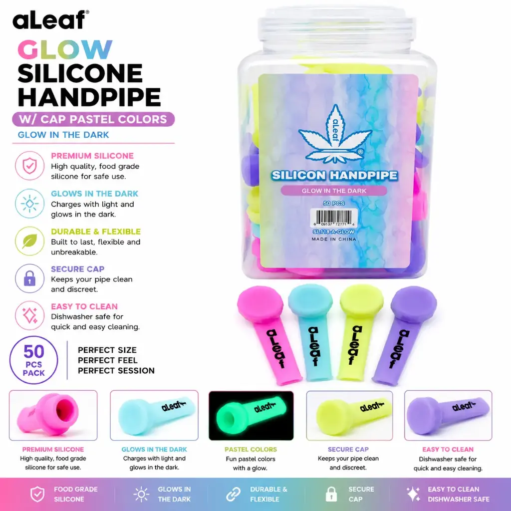 aLeaf GLOW SILICONE HANDPIPE W/CAP PASTEL COLORS 3.0" (50 per Jar) 