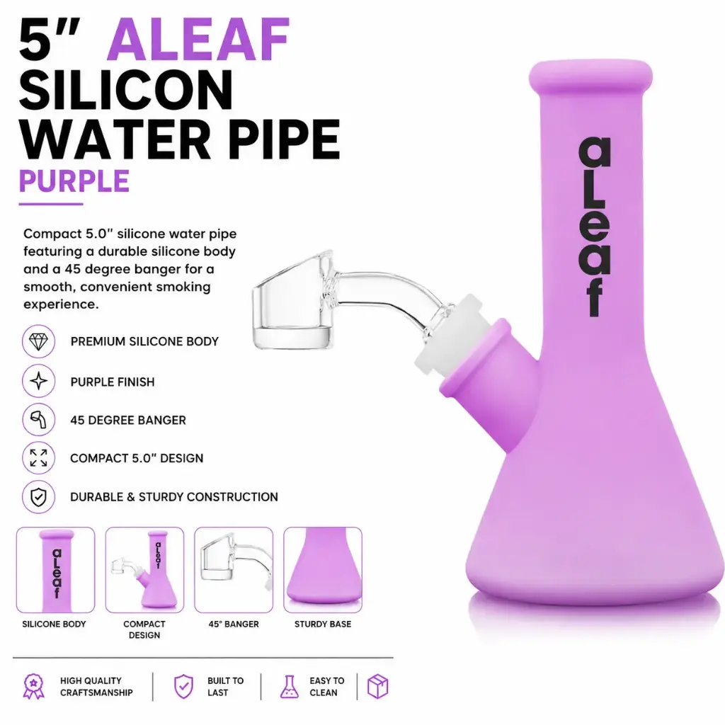 aLeaf Silicon Water Pipe w/ 45 Degree Banger 5.0" - Purple