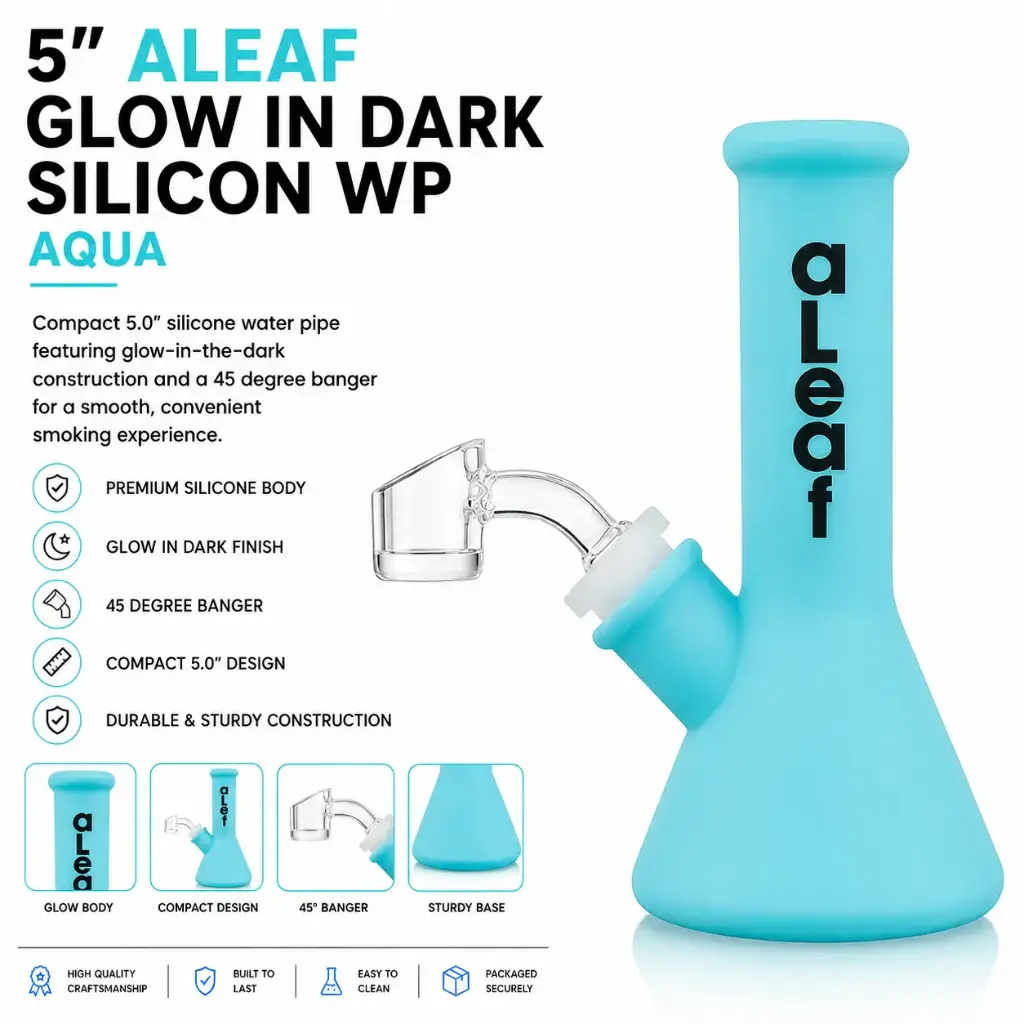 aLeaf AL GLOW in Dark Silicon Water Pipe w/ 45 Degree Banger 5.0" - Aqua