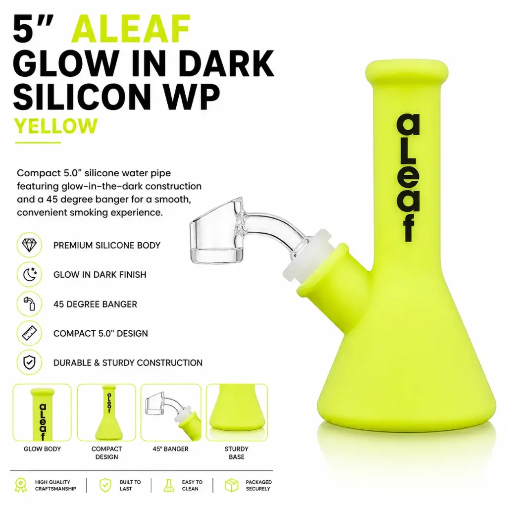 aLeaf AL GLOW in Dark Silicon Water Pipe w/ 45 Degree Banger 5.0" - Yellow