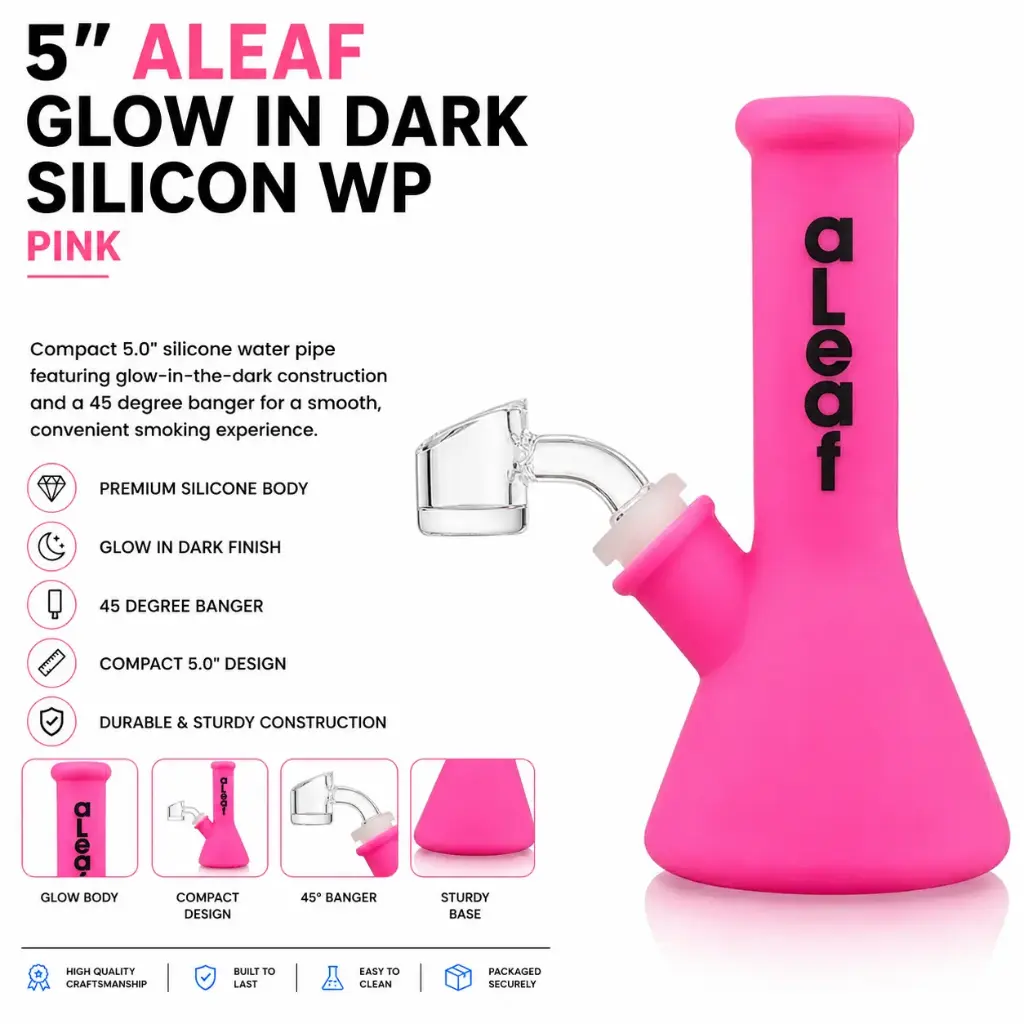 aLeaf AL GLOW in Dark Silicon Water Pipe w/ 45 Degree Banger 5.0" - Pink