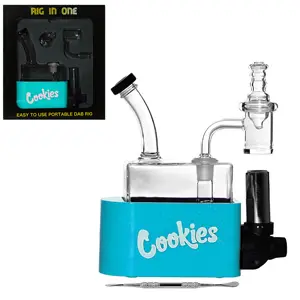 Unbranded Glass Rig In One -Cookies- Dab Rig Kit - with Quartz Banget, Carb Cap, Torch, Dabbing Tool (6110) 6.5" Blue
