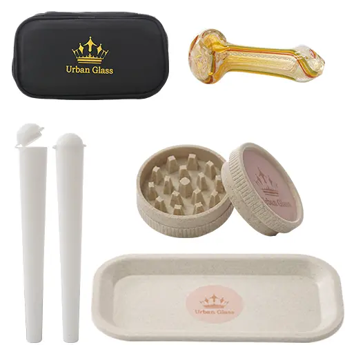 Urban Glass Container & Jars Grinder Set Case, Hemp Tray, Temp Grinder, H.P. 3.0", 2x Cone Containers White