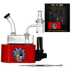 Unbranded Glass Rick & Morty Rig In One-Dab Rig Kit - with Quartz Banger, Carb Cap, Torch, Dabbing Tool (6113) 6.5" Red