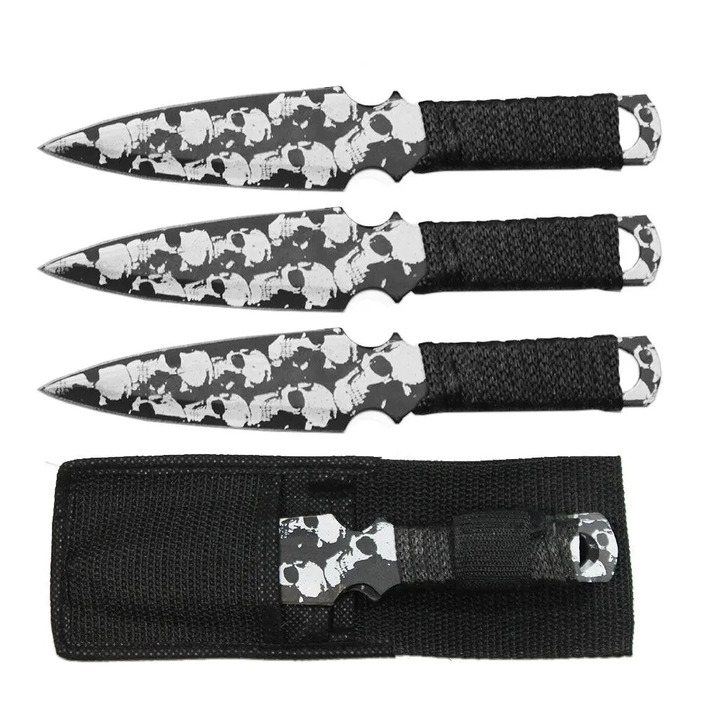 8" Black & White Skull Cord Wrapped Throwing Knife with Nylon Sheath