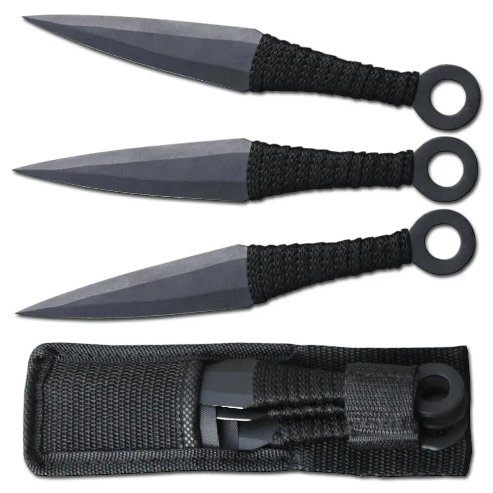 6.5" Black Cord Wrapped Kunai Throwing Knife 3 PCS Set with Nylon Sheath
