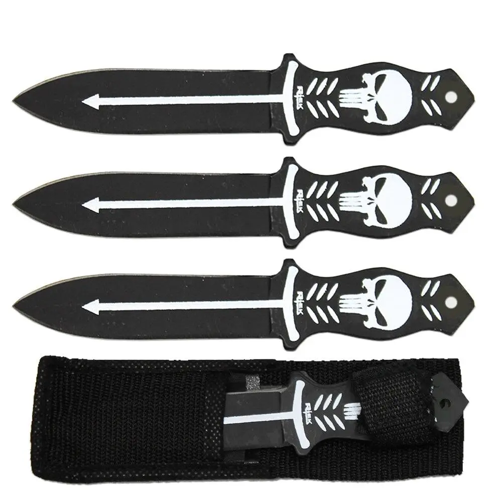 6.5" Black & Silver Skull Print Throwing Knife Set with Nylon Sheath