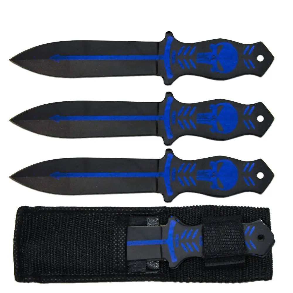 6.5" Black & Blue Skull Print Throwing Knife Set with Nylon Sheath