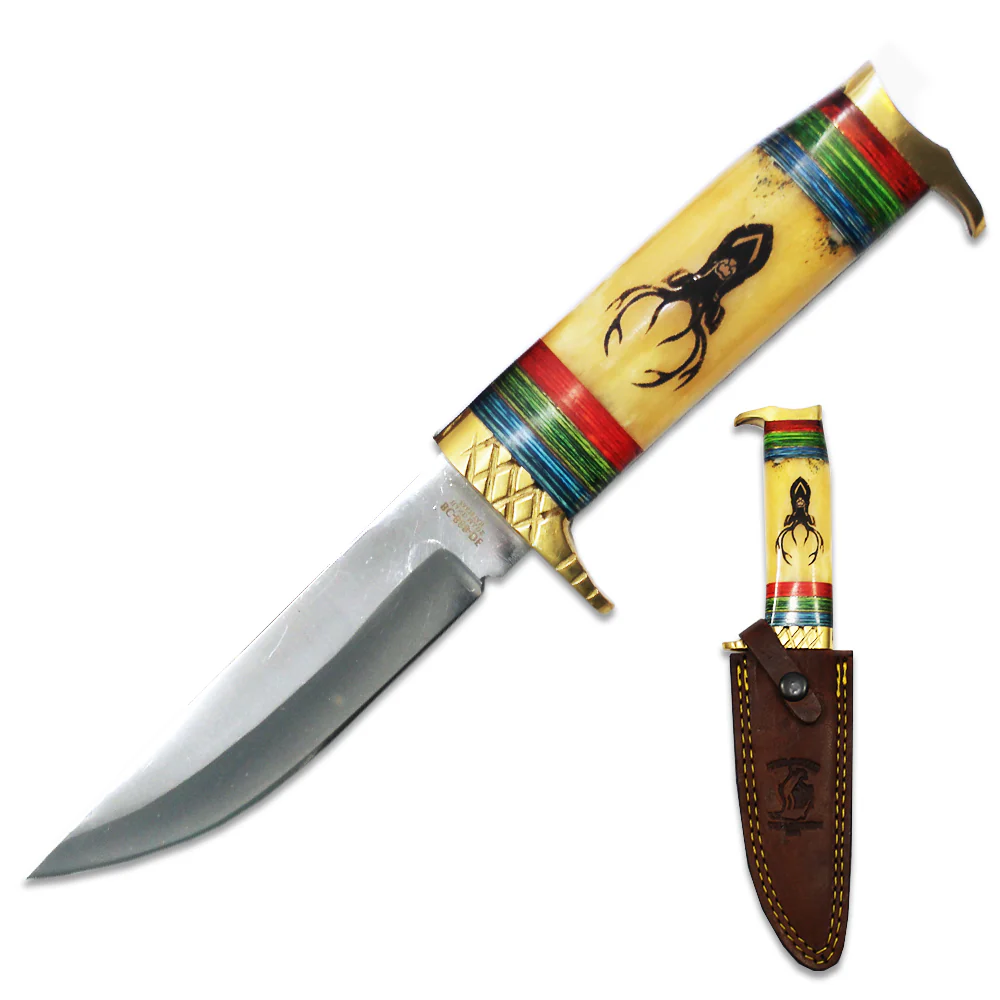 10.5" Bone Collector Deer Design Bovine & Brass Hunting Knife with Leather Sheath