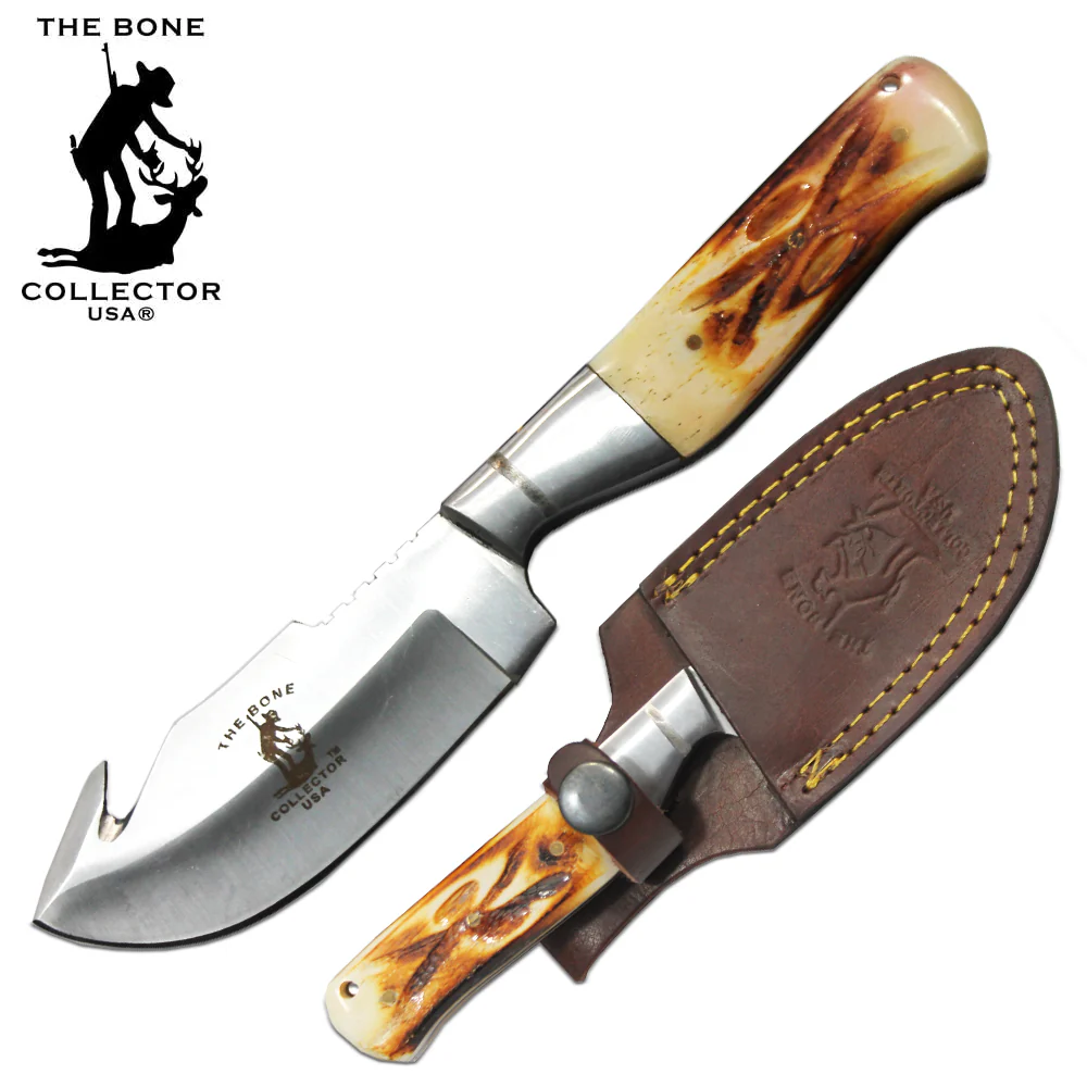 7.5" Bone Collector Gut Hook Blade Skinning Hunting Knife with Leather Sheath