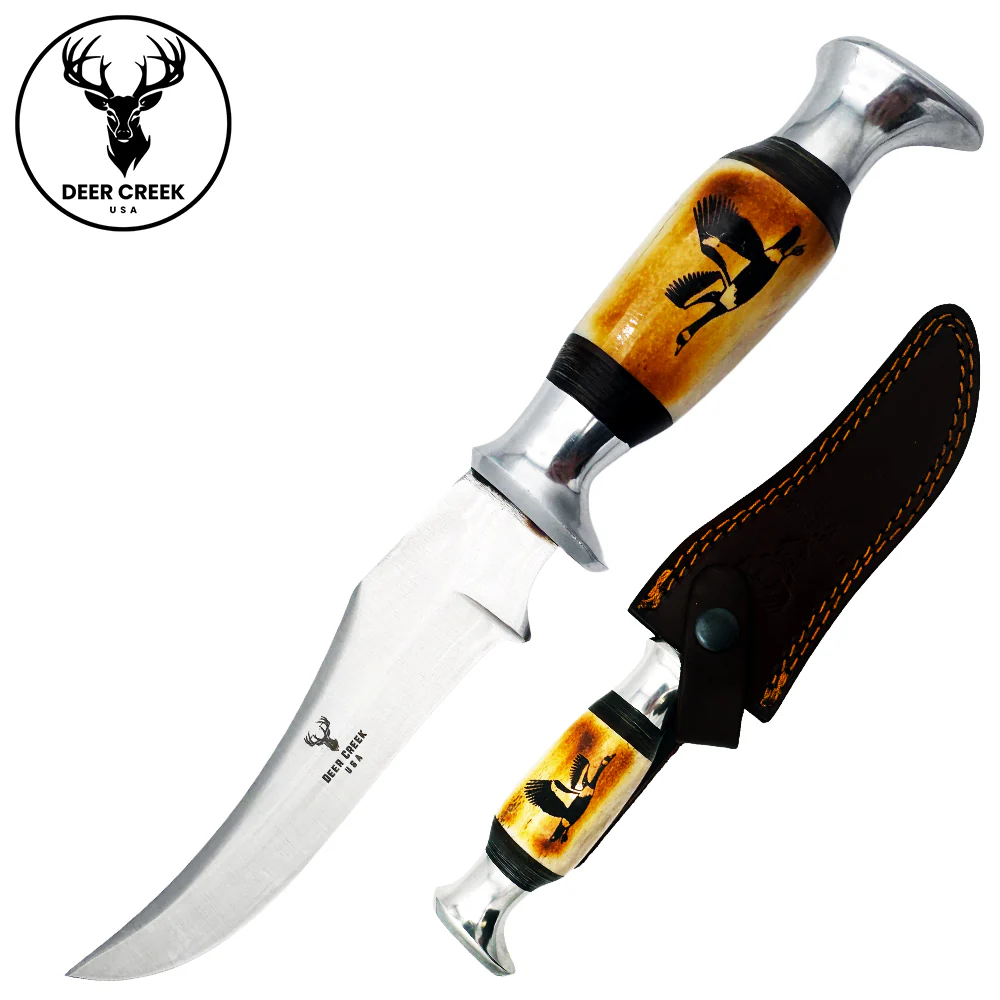 10" Deer Creek Goose Design Bovine Bone Handle Hunting Knife with Leather Sheath