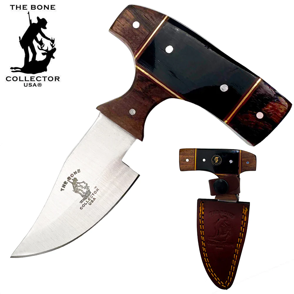 5" Bone Collector Black & Brown Resin Wood Short Blade Skinning Knife with Leather Sheath