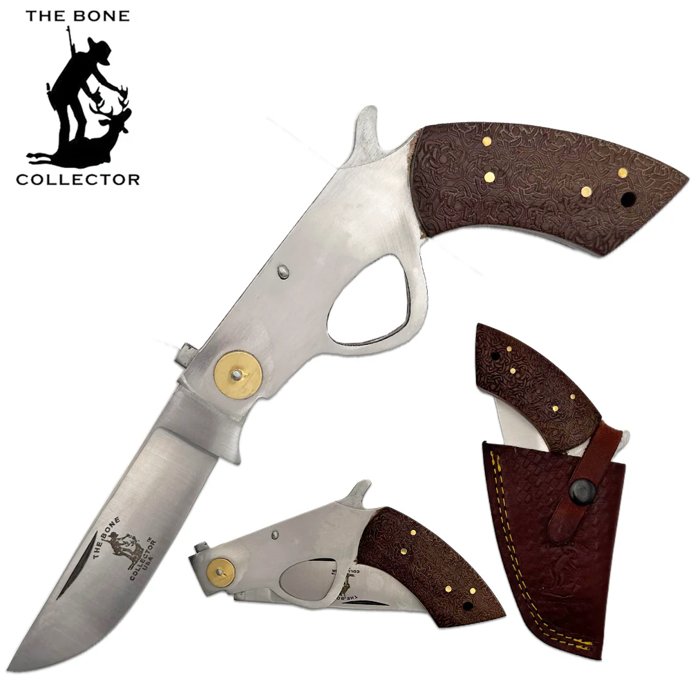 6" Bone Collector Rosewood Gun-Handle Folding Knife with Leather Sheath