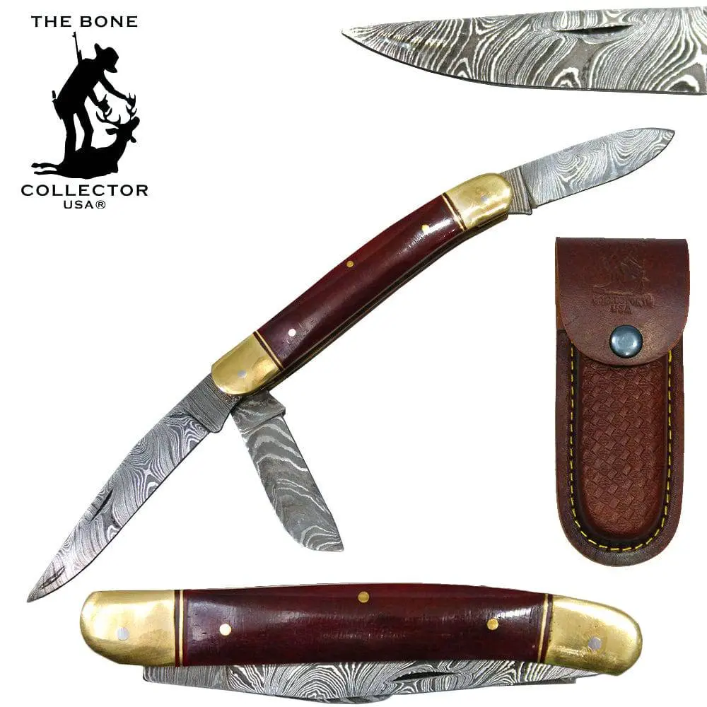 5" Bone Collector 3-Blade Damascus Brass Bolster Folding Knife with Leather Sheath