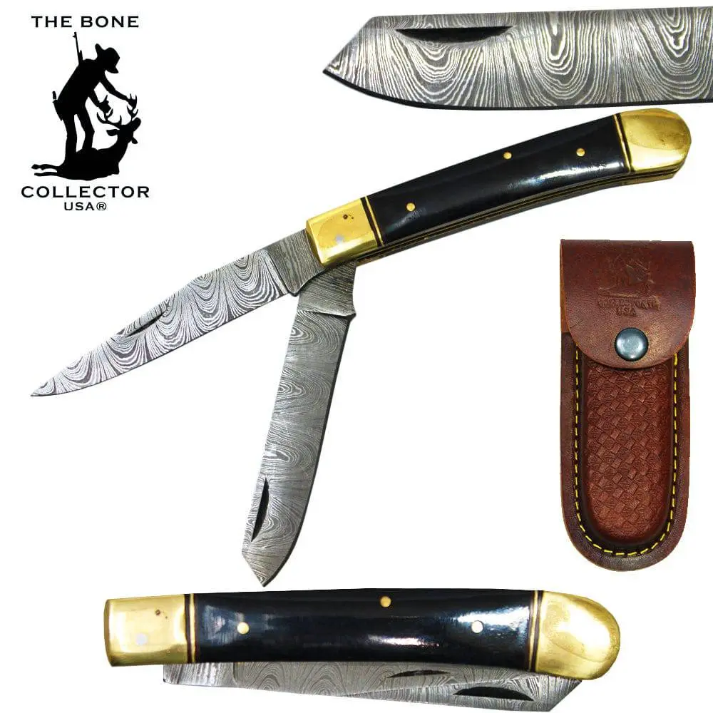 5" Bone Collector 2-Blade Damascus Brass Bolster Folding Knife with Leather Sheath