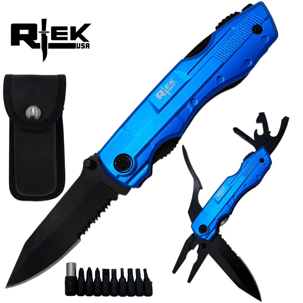Rtek 4.5" Multi Tool Pocket Knife with Pliers Bottle Opener Screwdrivers & Sheath Blue