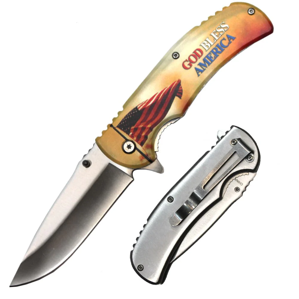4.5" Metal Handle God Bless America USA Flag Assist-Open Folding Knife