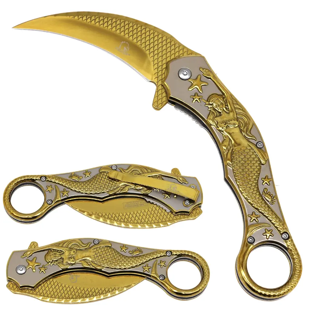 5.5" Gold Mermaid Assist-Open Karambit Folding Knife