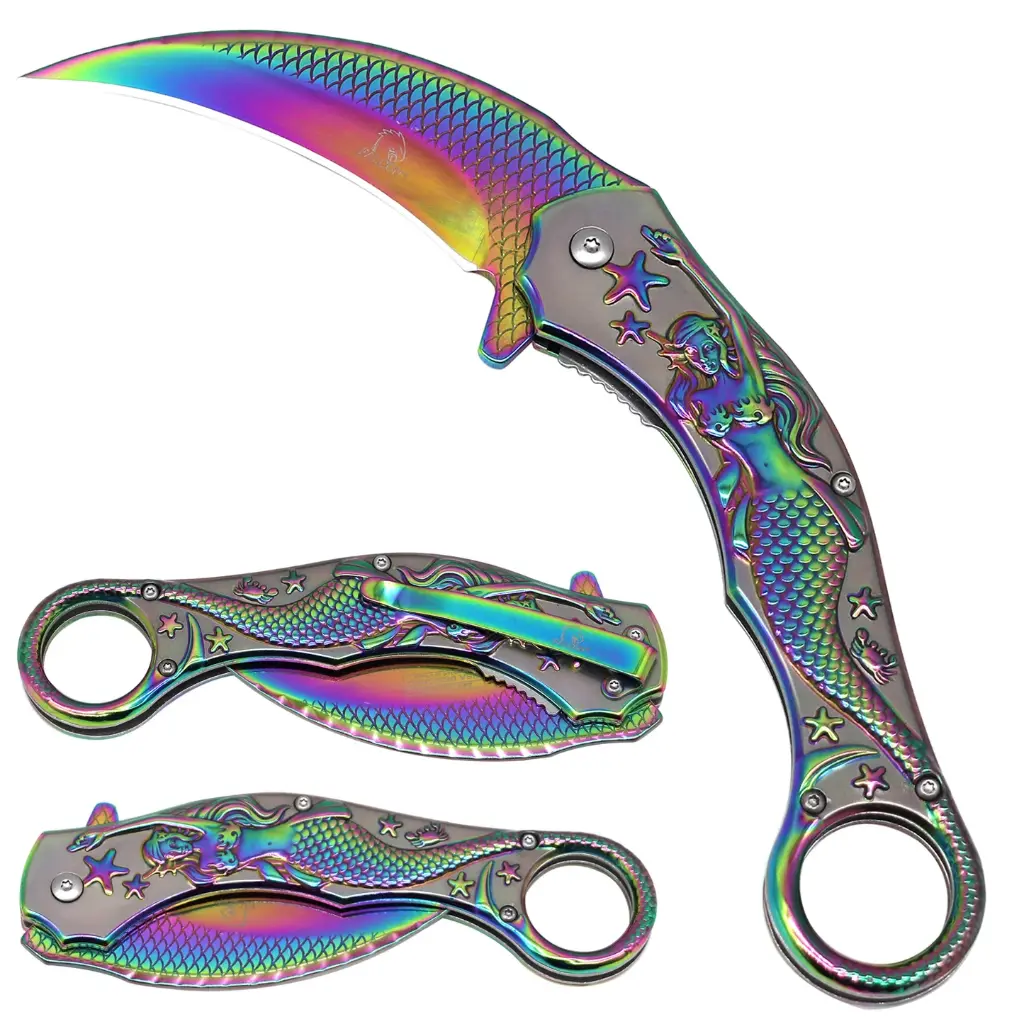 5.5" Rainbow Mermaid Assist-Open Karambit Folding Knife