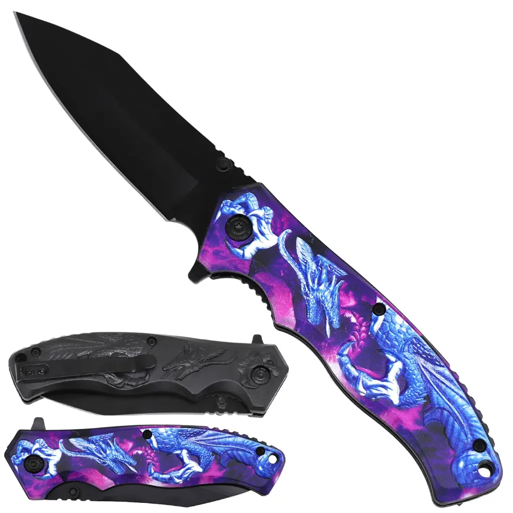 4.5" Blue Dragon Assist-Open Folding Knife with Belt Clip