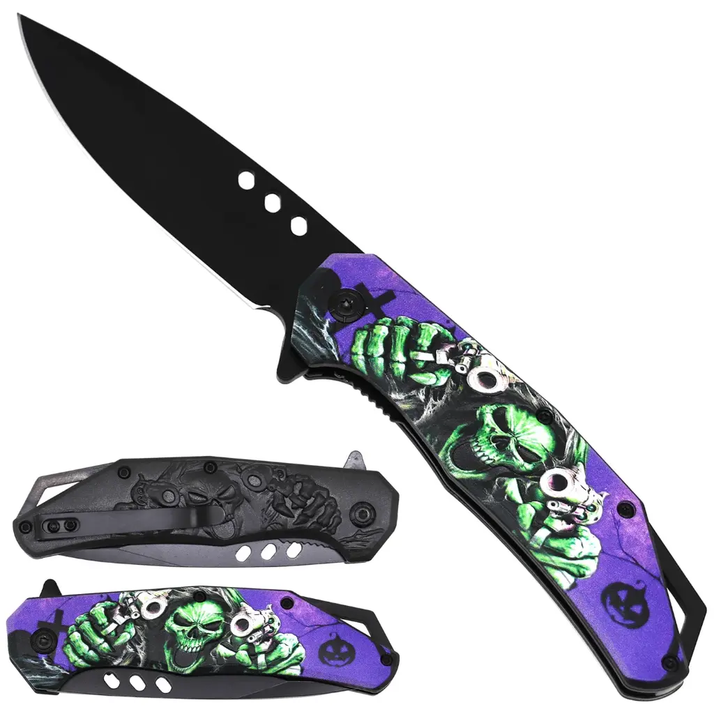 4.5" Green Skull Assist-Open Folding Knife with Belt Clip